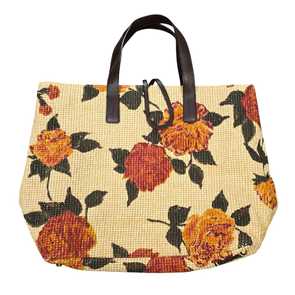 Talbots Floral Tapestry Tote Bag Cream Made in Italy Leather Trim Rose Print